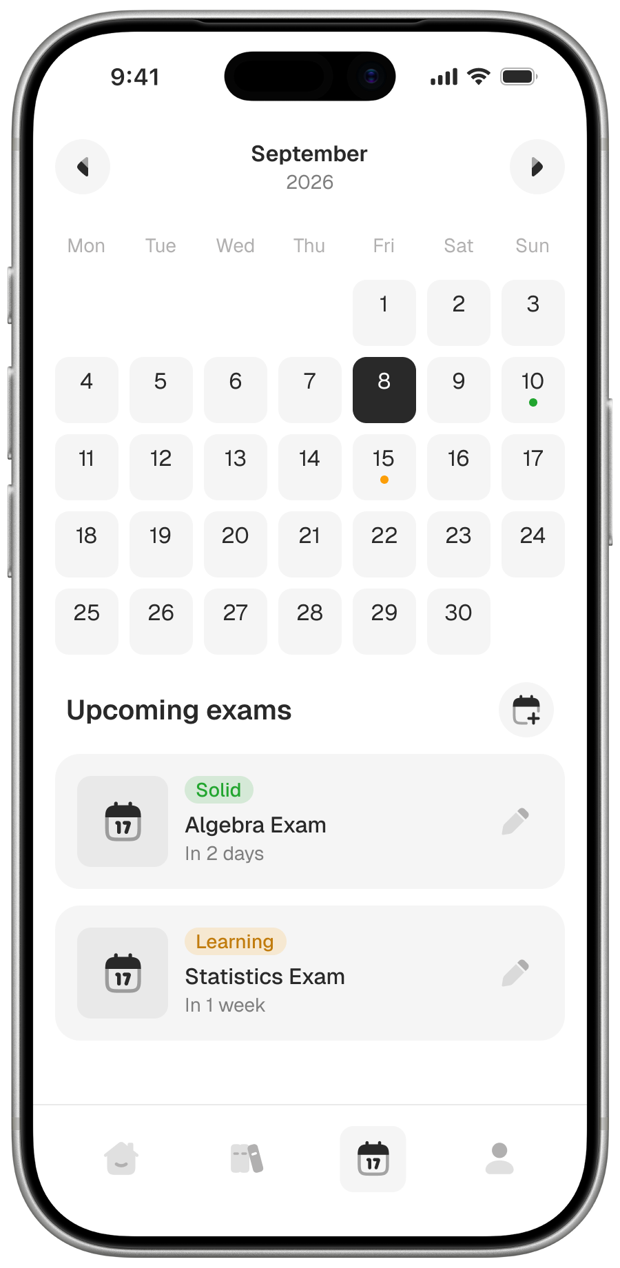 Kaademi exam calendar with a Statistics Exam scheduled in one week.